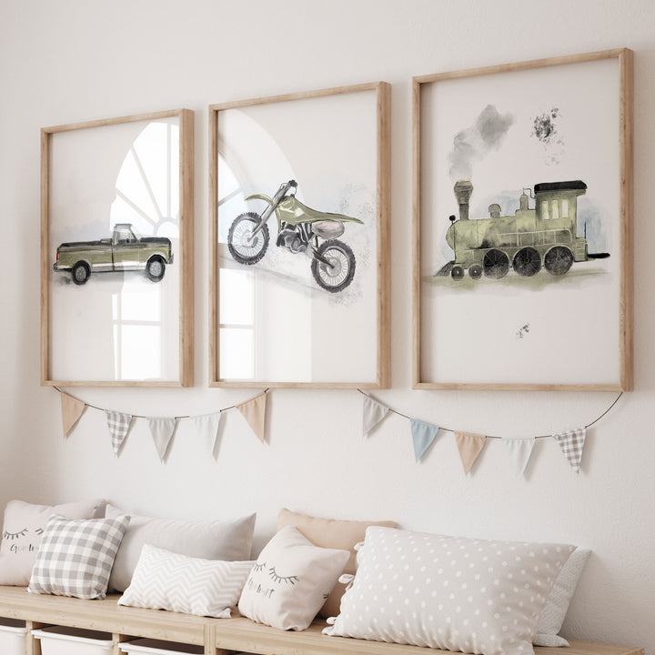 Trio of vehicle posters - motorcycle, plane and tractor (moss green)