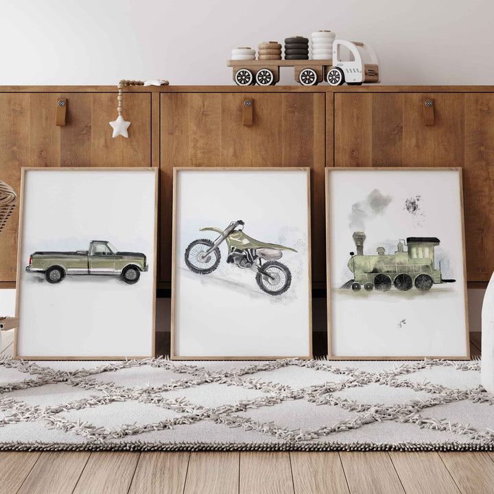 Trio of vehicle posters - motorcycle, plane and tractor (moss green)