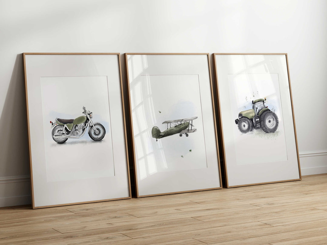 Trio d'affiches véhicules - moto, avion et tracteur (vert mousse)